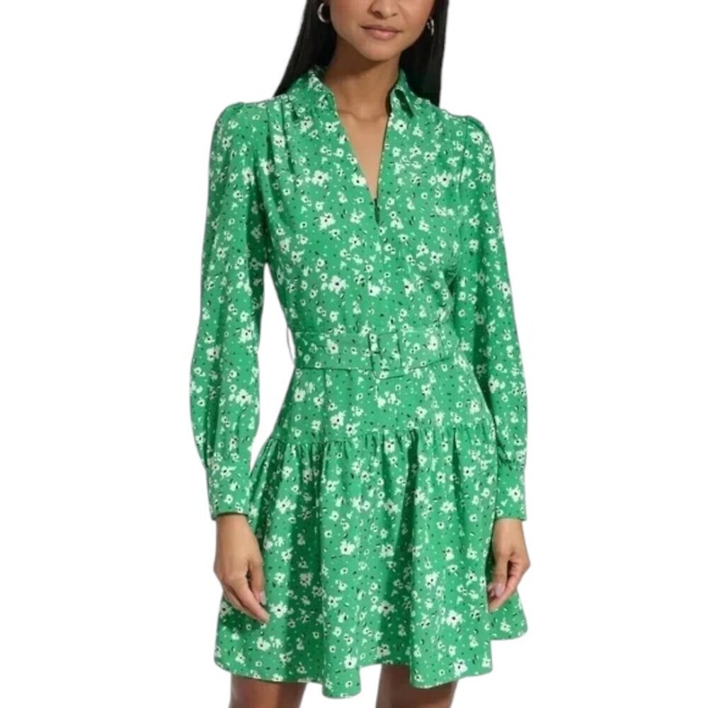 Karl Lagerfeld Green Floral Belted Zip Front Dress